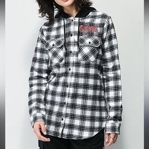 SWIXXZ Chrome Skeleton Black and White Hooded Flannel Plaid Shirt XS